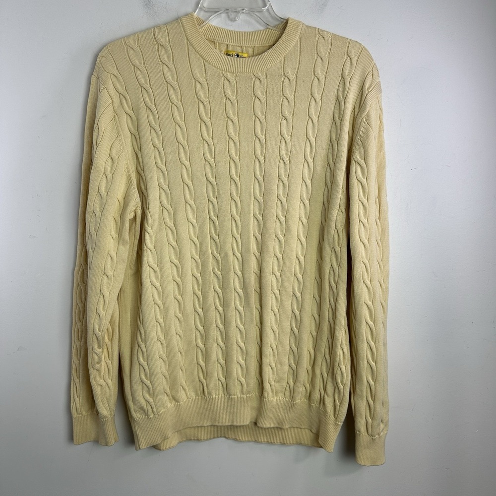 Duck‎ Head Sweater Mens XL Yellow Cable Knit Fisherman Long Sleeve Logo Vintage